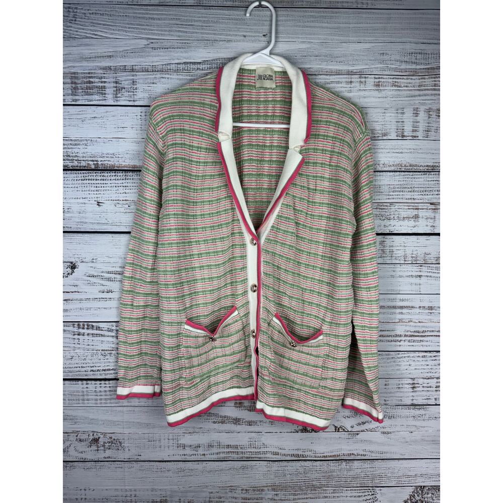 Grandma Button Front Cardigan Sweater Large Pink Green Easter Knit Stretch Norm